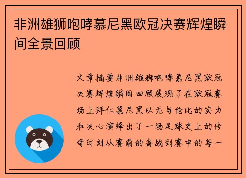 非洲雄狮咆哮慕尼黑欧冠决赛辉煌瞬间全景回顾