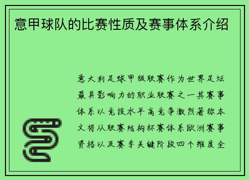 意甲球队的比赛性质及赛事体系介绍
